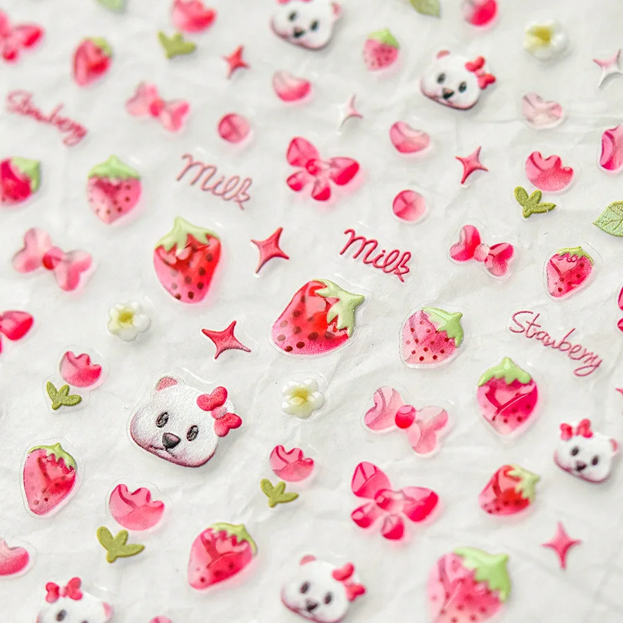 

Jelly Nail Art Sticker Cute Japanese Fruit Strawberry Bear Press on Nails Adhesive Slider Decals Manicure Kawaii Accessories