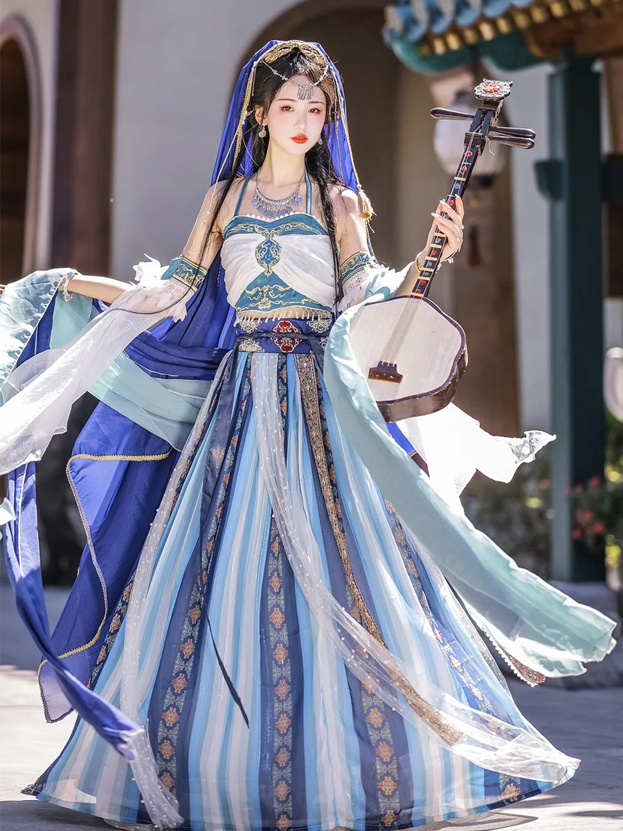 

Princess of Tianzhu Original Dunhuang Exotic Customs Hanfu Soft Female Western Region Goddess Dance Full Set 7PCS Blue Orange