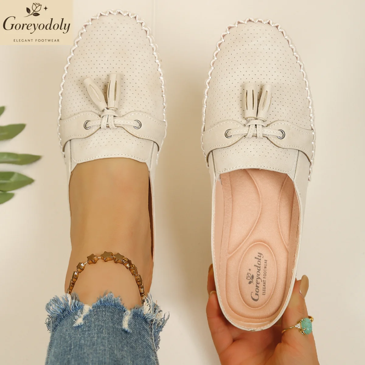 Goreyodoly women mule flats perforated pattern tassel detail elastic slip on wide fit lightweight soft sole comfort shoes