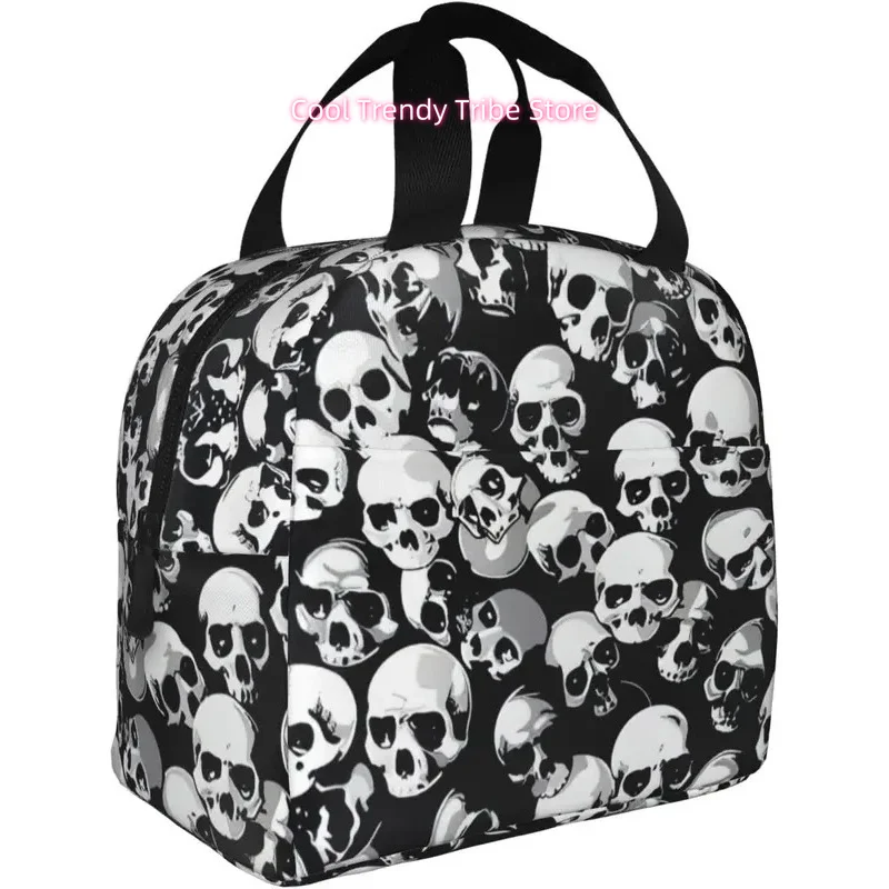 Black Skull Print Insulated Lunch Bag | Reusable Oxford Cloth Lunch Box with Front Pocket, Hand Wash, Suitable for Work, Picnic,