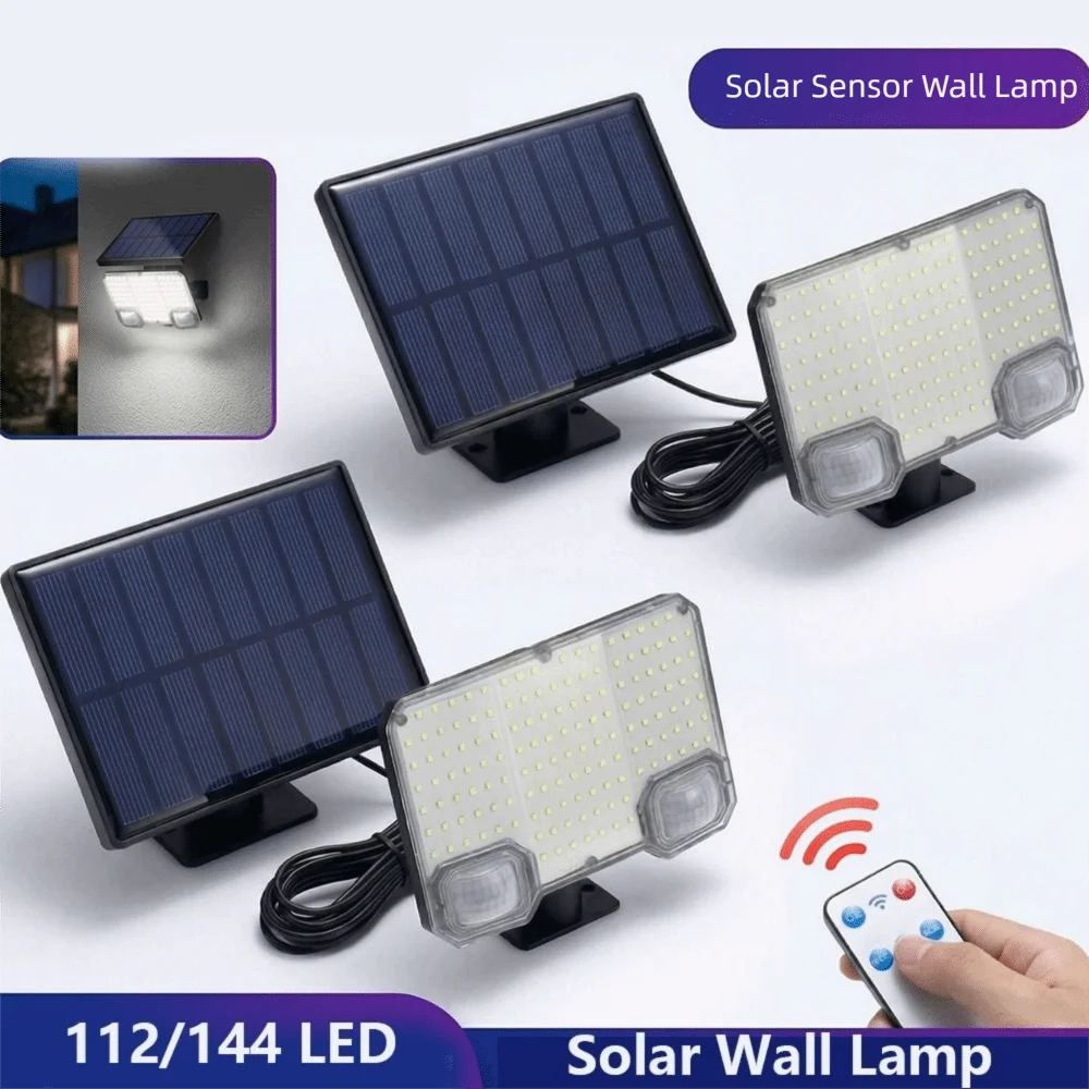 

Портативный 3-режимный солнечный настенный светильник с датчиком движения, водонепроницаемый, раздельная конструкция, с пультом ДУ, 112/144 LED, для улицы и сада