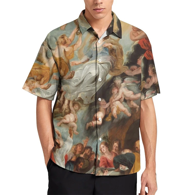 

Fashion Virgin Mary Graphic Hawaiian Shirts For Men Summer Trendy Short Sleeve 3D Printed Lapel Shirt Casual Oversized Blouses