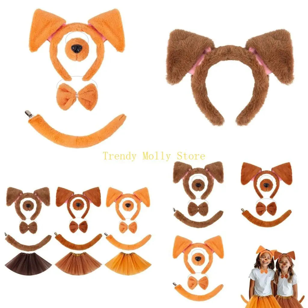 

N5KB Halloween Dog Costumes Set Animal Dog Ears Headband with Tail Tutu Skirt Bowtie