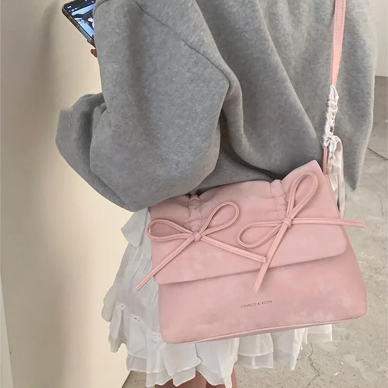 MBTI Pink Womens Shoulder Bag 2024 Fashion Pleated Elegant Casual Bow Tote Bag Scarves Large Capacity Exquisite Female Handbag