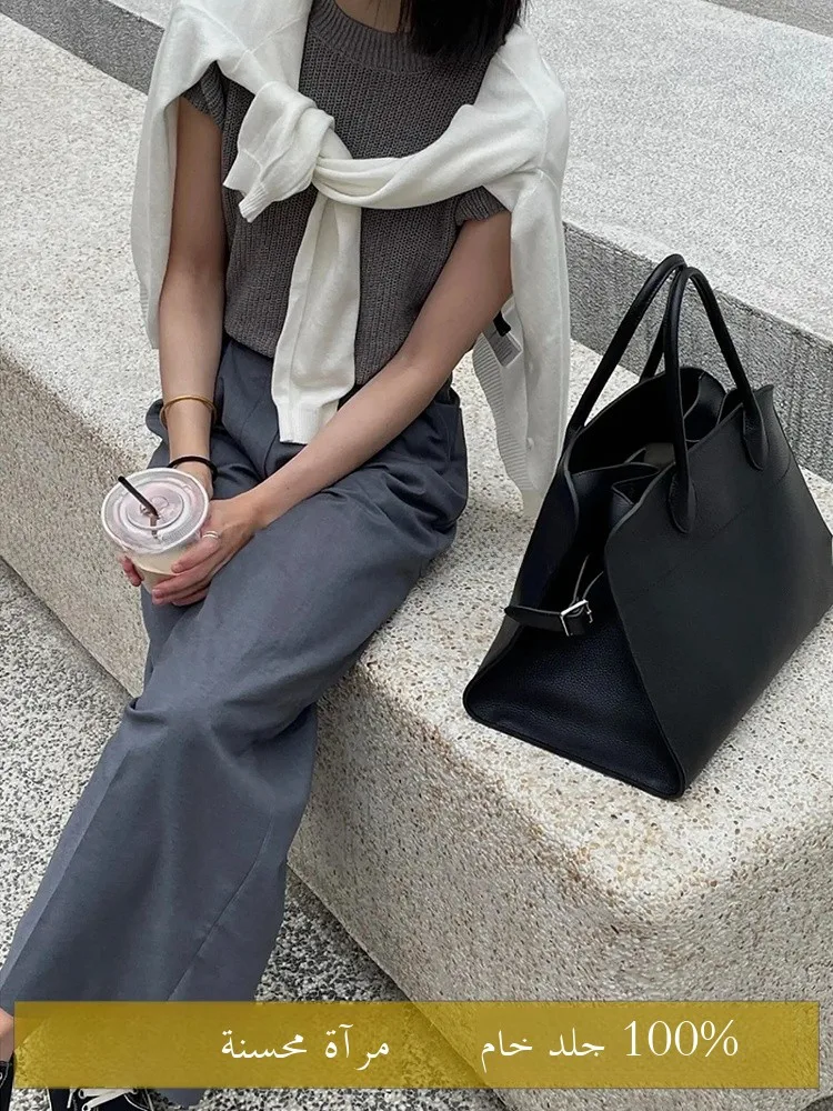 

TR Handheld Tote Bag Calfskin Leather Briti Sle Casual oulder Bag Open Top Pure Color ex Youth Spring Faion