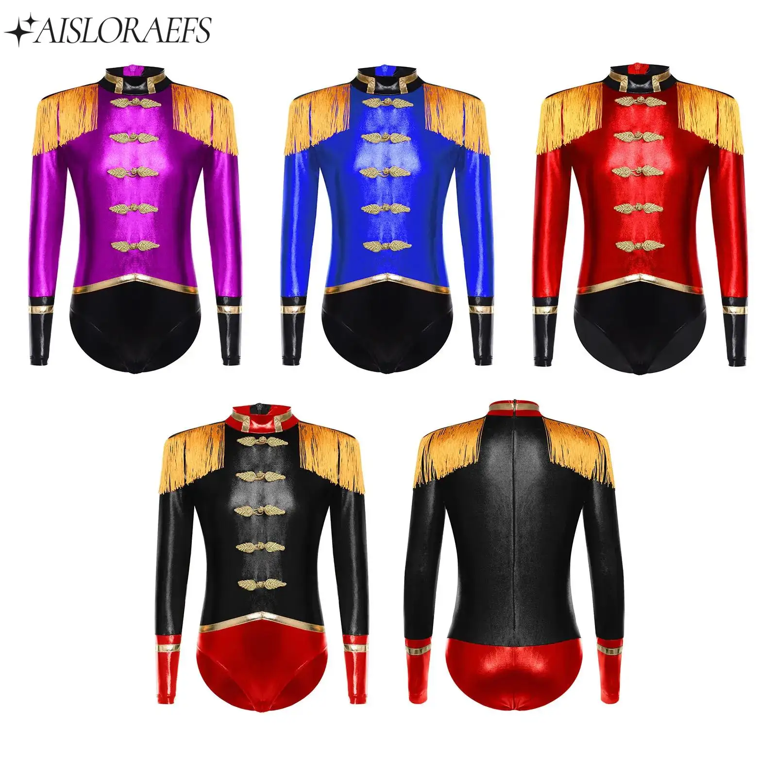 

Girls Halloween Circus Dress-up Bodysuit Long Sleeve Tassel Epaulets Leotard Jumpsuit Ringmaster Cosplay Masquerade Costume