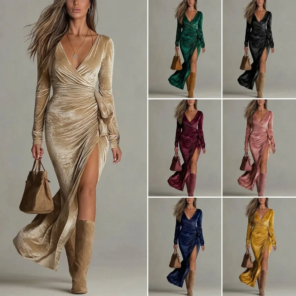 Elegant Party Dress Velvet Deep V Neck Wrap Front Dresses Emerald Green High Slit Long Sleeve Evening Dress Gold Ruched Waist