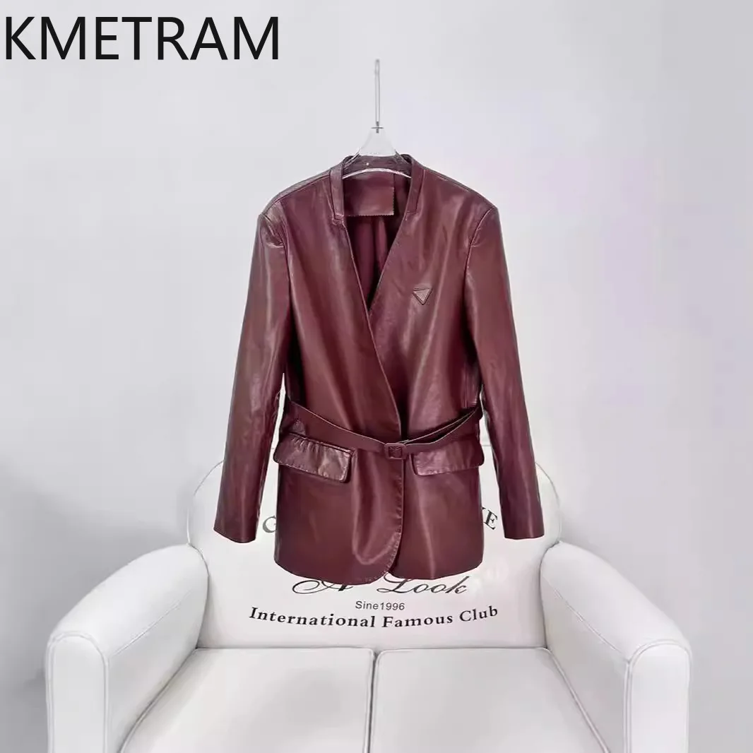 100% Sheepskin Genuine Leather Jacket Women V Neck Burgundy Leather Jackets with Belt Fashion Autumn Winter Clothes 2024 신상아우터