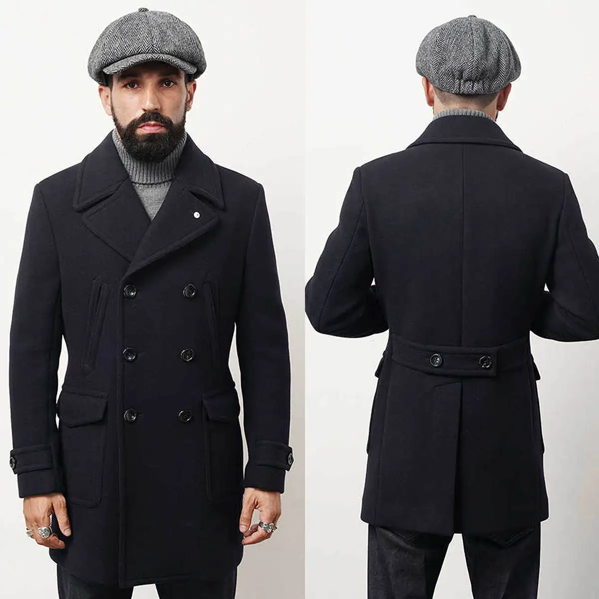 Men Long Overcoat Dark Navy Casual Woolen Jacket Wedding Tuxedos Winter Wear