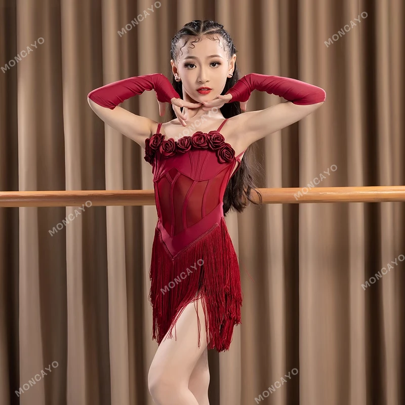 

Cha Cha Rumba Tango Latin Dance Dress for Girls Tassel Samba Salsa Dancing Dress Kids Professional Competition Suit Costume