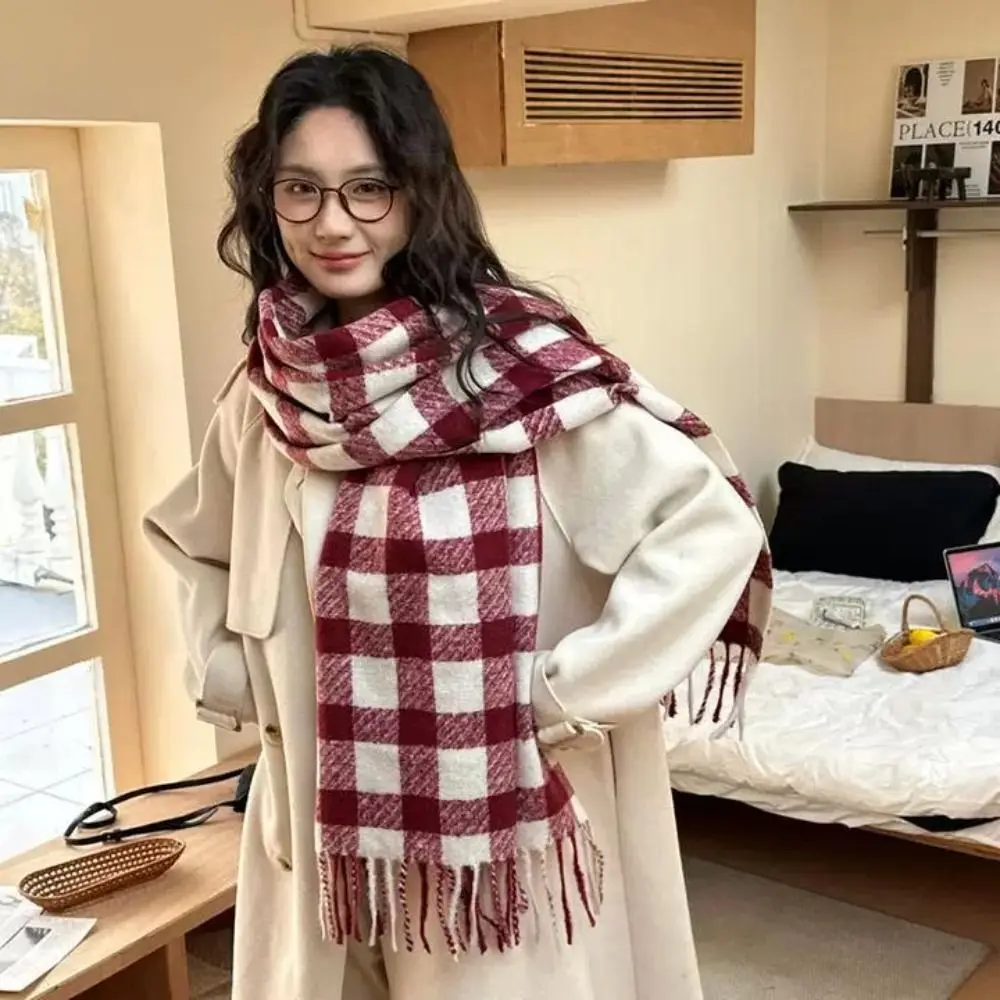 

Fashion Checkered Wool Tassel Scarf Korean Style Thicken Winter Cashmere Scarves Coldproof Long Women Cashmere Shawl Female