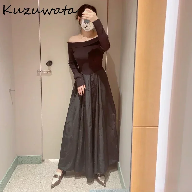 Kuzuwata Slash Neck Long Sleeve Sweet Dress Elegant Slim Fit Patchwork Zip Pullover Vestidos Japan Knit Ball Gown Femme Robe