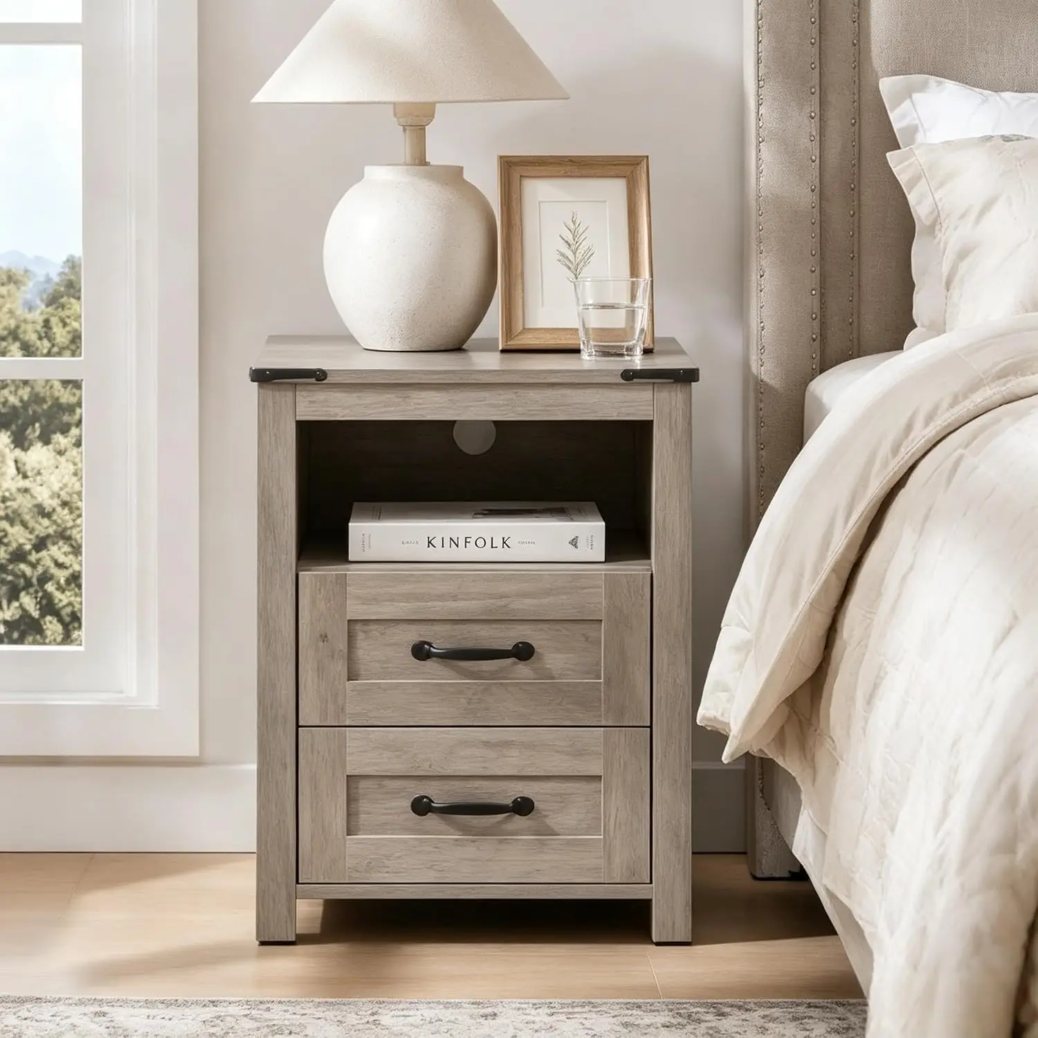Farmhouse Nightstand with Charging Station & Drawers, Wood Bedside Cabinet End Table for Bedroom, Customized