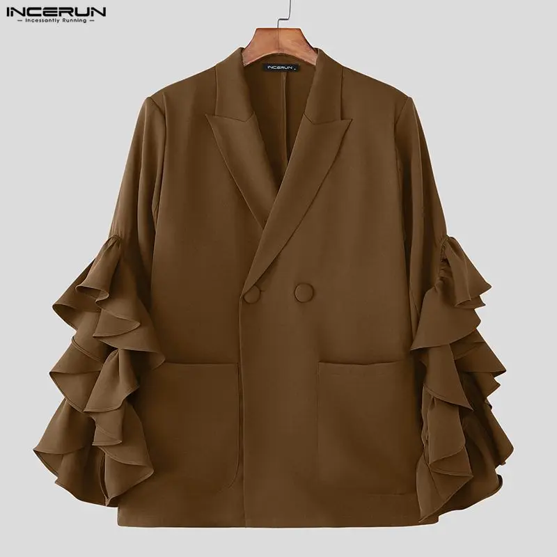 

INCERUN мужской пиджак однотонный с лацканами и рюшами на рукавах повседневный мужской костюм уличная одежда свободные 2025 индивидуальные элегантные модные тонкие пальто