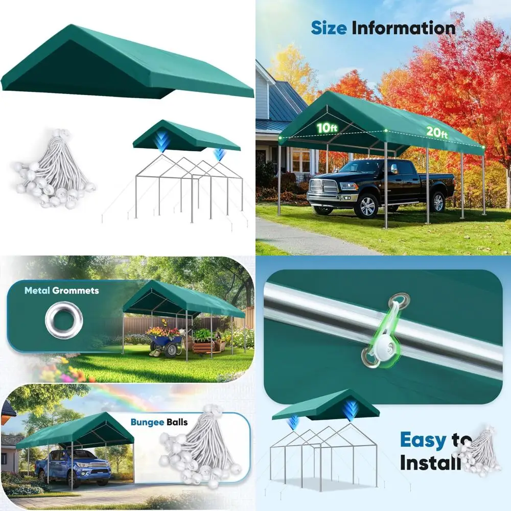 

Green 10x20 ft Carport Canopy Replacement Top Cover Tarp with Ball Bungees, Outdoor Shelter Roof Only, Suitable for Carports
