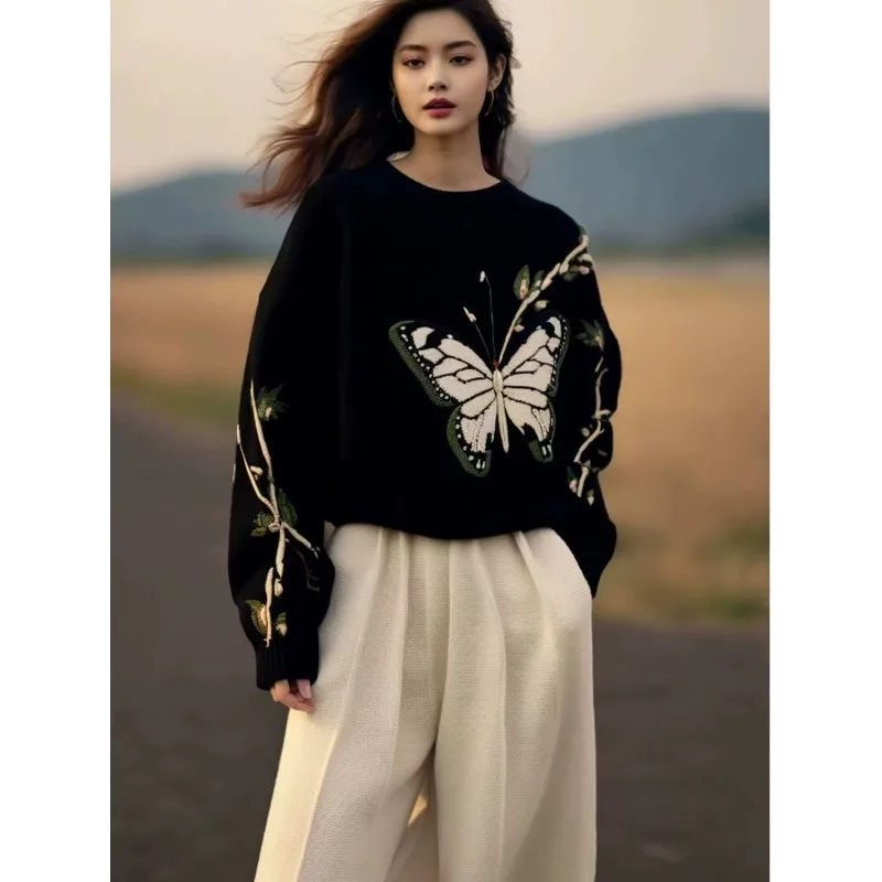 Black Butterfly Print Sweater Loose 2025 Autumn and Winter New Style Sweater Chic Top Fashion