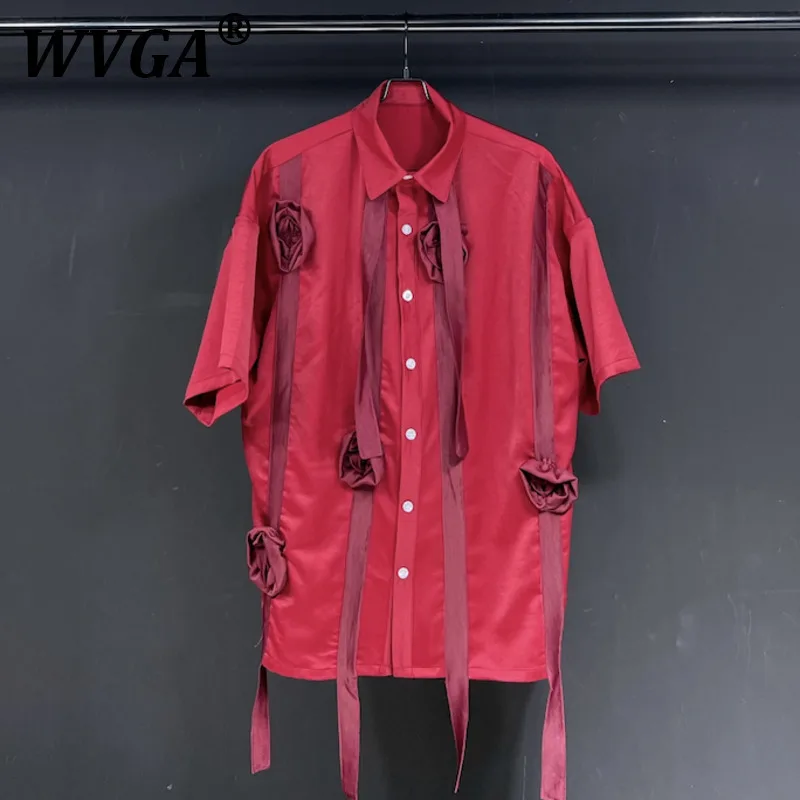 

WVGA Summer New Men's Tide High Street Handmade Floral Design Fashion Half Sleeve Shirts Niche Trendy Casual Shirt Ins Y2K W9573