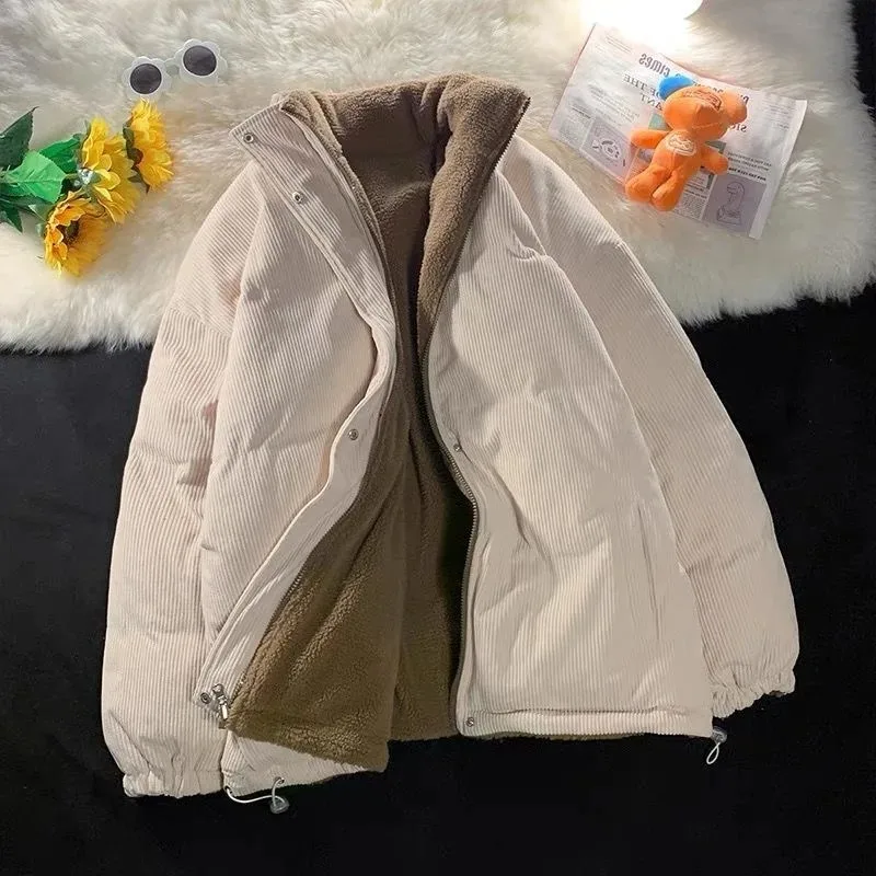 Retro Oversize Corduroy Jaet Women's Thiened Lamb Fur Lined Cotton Padded Coat Student Two-Way Wear Loose Fit Korean Sle