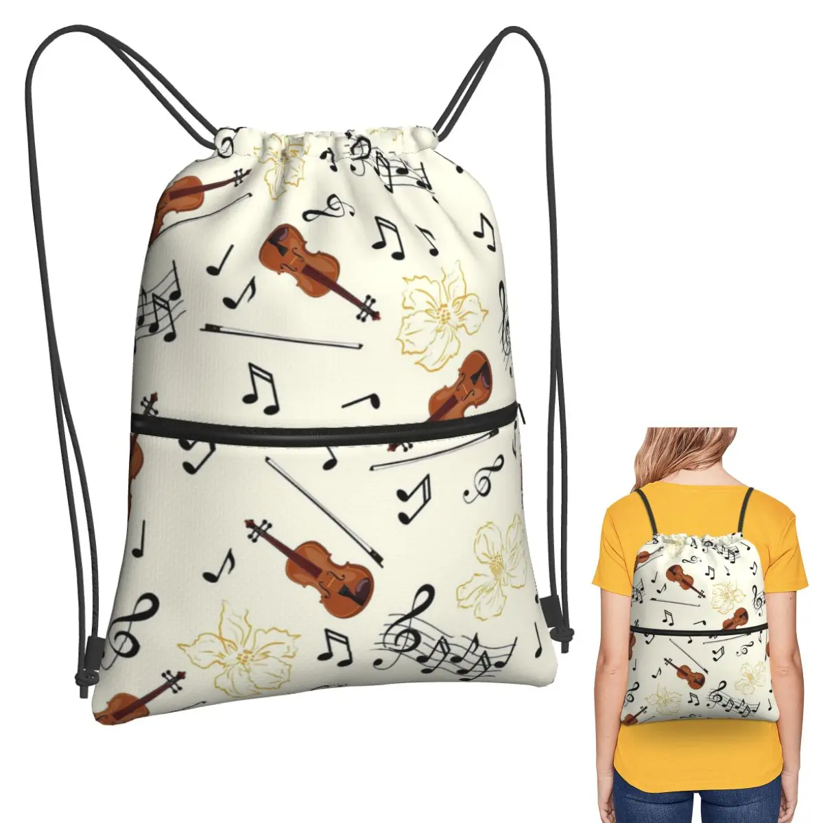 

Рюкзаки со скрипкой и нотами с цветочным принтом, повседневные портативные сумки на шнурке, спортивная сумка, сумки для книг для мужчин и женщин, школьные