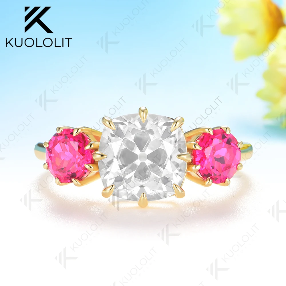 Kuololit Anillo de rubí cultivado en laboratorio de moissanita con corte OMC de 2,5 quilates para mujer, oro amarillo sólido de 10 quilates y 14 quilates para compromiso de aniversario de Navidad