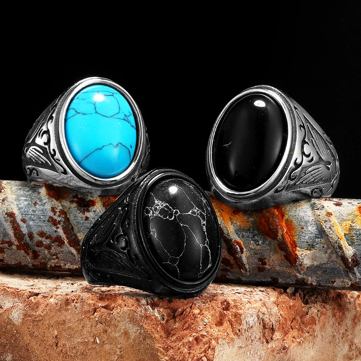 Black Turquoise Carved Men Rings Stainless Steel Punk Vintage Rock Luxury Fashion Jewelry Accessories For Women Gift Wholesale