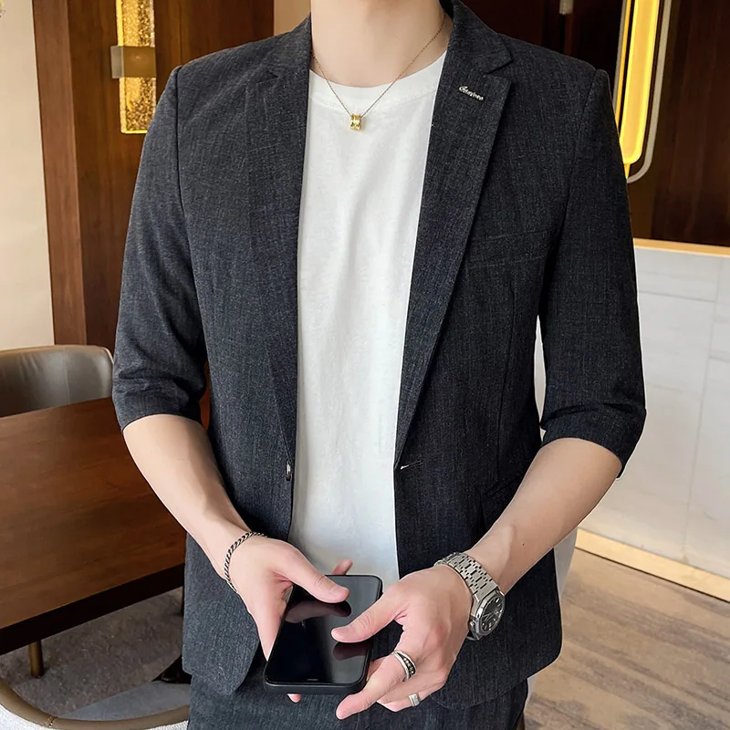 

Мужской летний новый приталенный костюм-двойка с рукавом 3/4: тонкий пиджак и брюки, повседневный деловой комплект