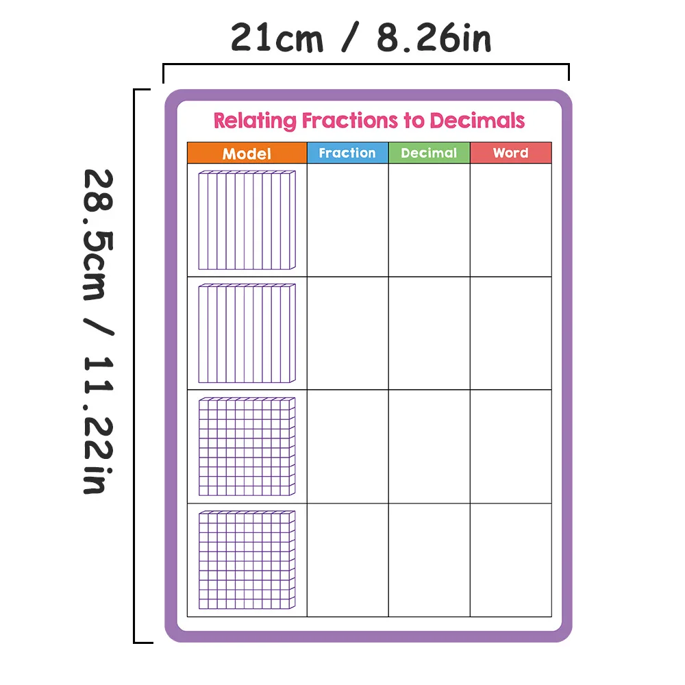 Children's Erasable Math Board A4 Size for Fraction Decimal Writing Practice Reusable Learning Tool
