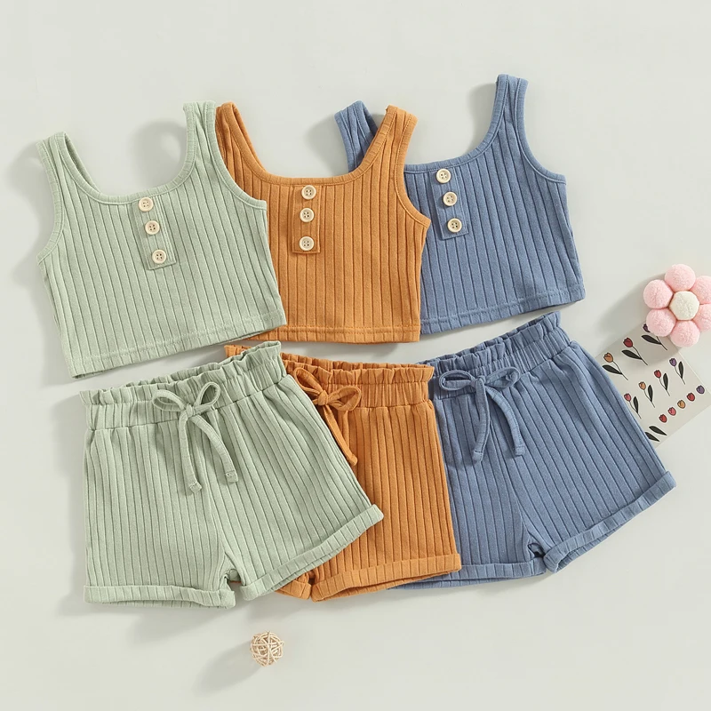 

2023-02-14 Lioraitiin 0-4Years Toddler Girls 2Pcs Summer Outfit Sets Solid Button Vest Ribbed Drawstring Shorts