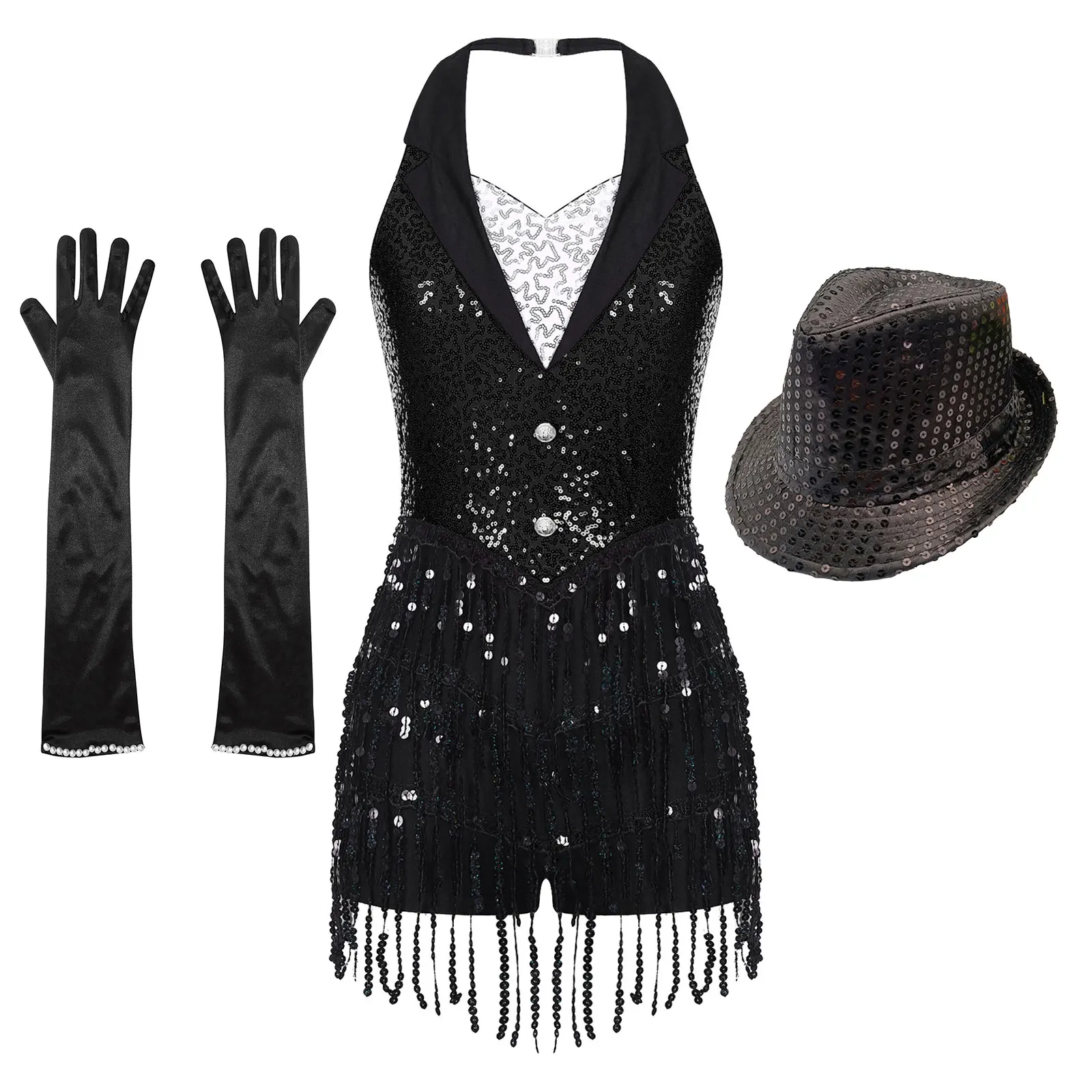 Women Sequin Tassel Jazz Latin Dance Leotard Dress with Gloves Hat Cha-cha Samba Rumba Salsa Tango Ballroom Performance Bodysuit