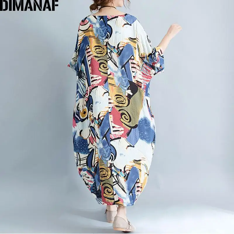 Dimanaf Plus Size Dress Women Summer Pattern Patchwork Print Vintage Linen Dress Female Casual Fashion Oversize Elegant Dresses