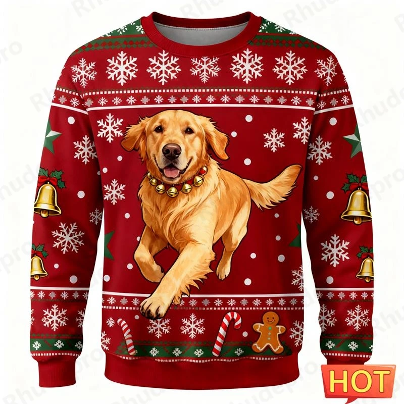 2027 New Golden Retriever Graphic Ugly Christmas Sweater Fashion Cute Dog 3D Printed Xmas Sweatshirts Loose Breathable Pullovers
