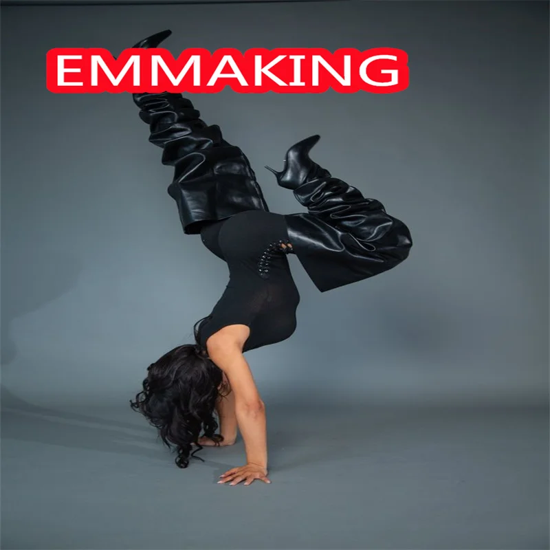 

PU Leather Long Boots for Women Black Crotch Thigh High Boots Pull On Over the Knee Boot Stiletto Heel Fashion Party Dress Shoes