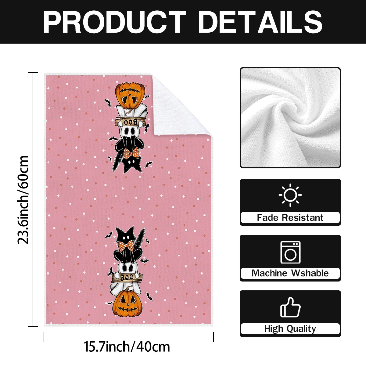 2pcs pink ghost, black cat, pumpkin, BOO patterned kitchen towels, Halloween decorative towel set, home party kitchen tea towels