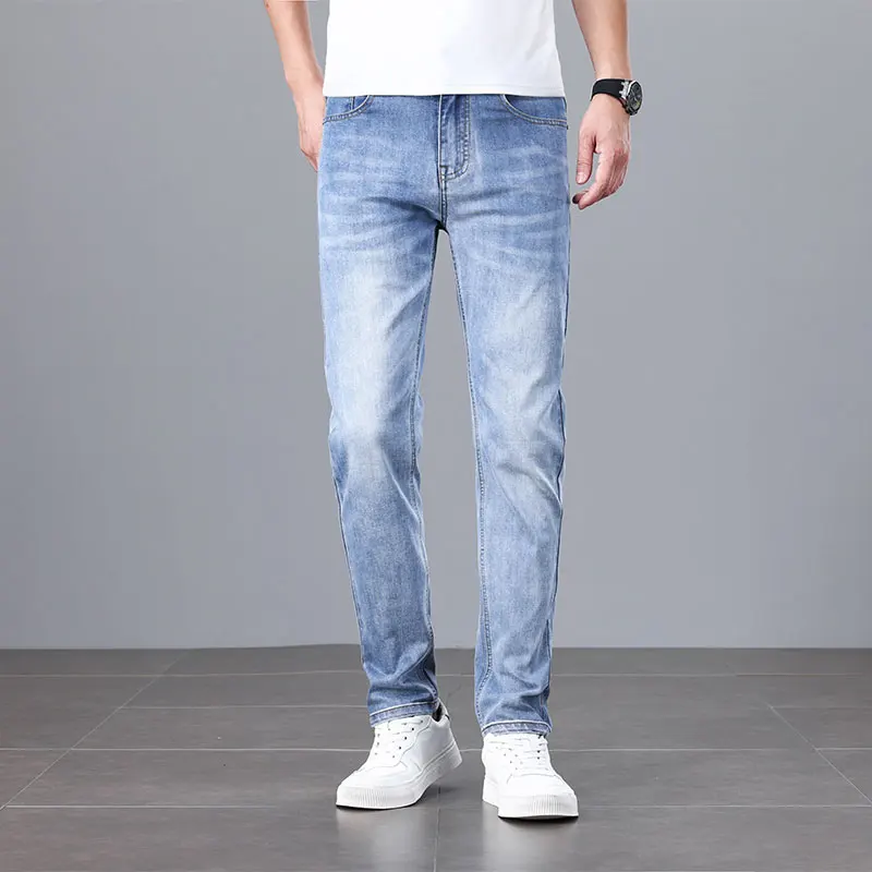 Summer Ultra-thin Men's Jeans  Soft Breathable Loose Straight Light Blue Denim Pants Business Casual Ice Silk Trousers