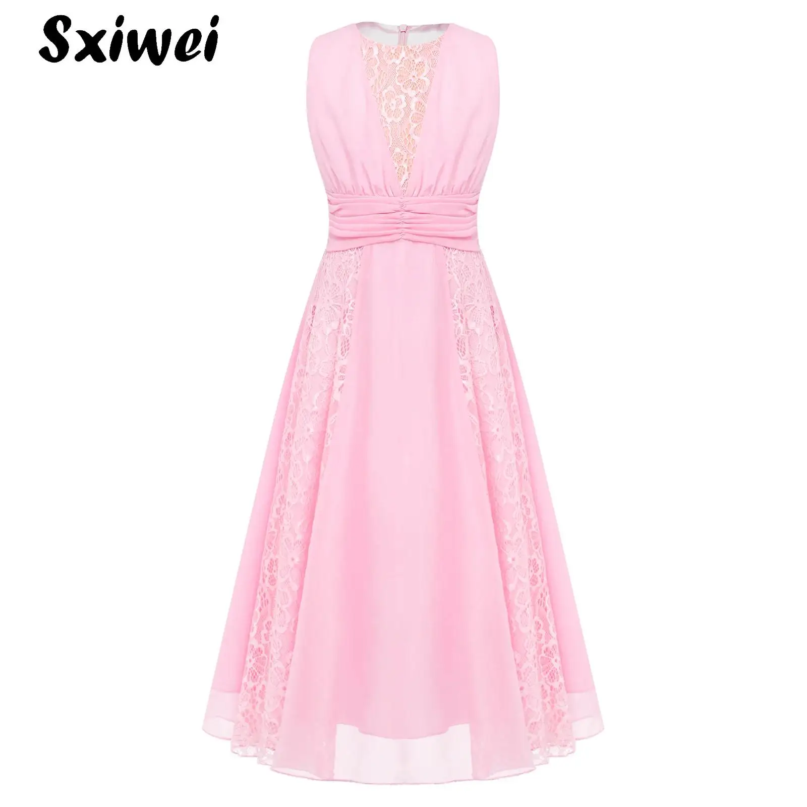 

Girls Floral Lace Chiffon Princess Dress Sleeveless Tea-length Flowy Party Gowns for Wedding Birthday Baptism Kids Long Dress