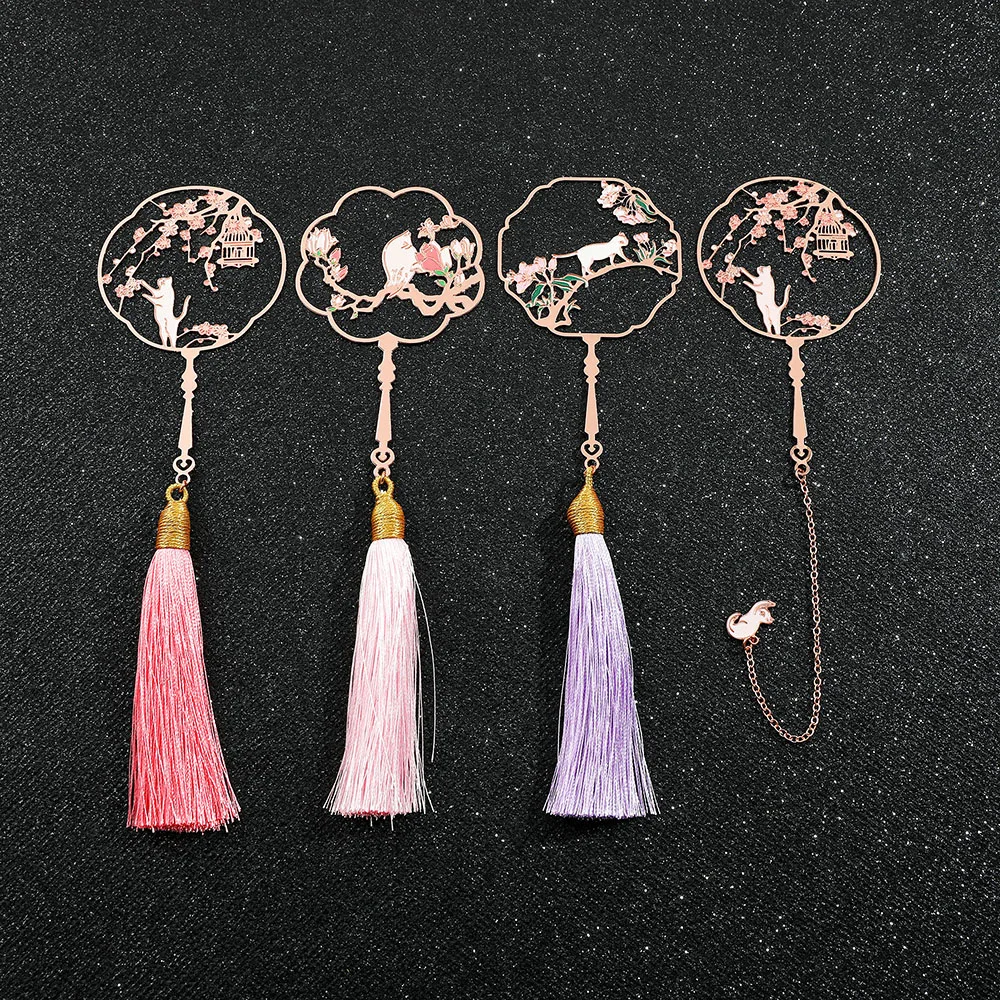 Chinese Style Rose Gold Rabbit Cat Fan Brass Bookmark with Tassel Cute Animal Flower Creative Book Mark for Book Lover Friends