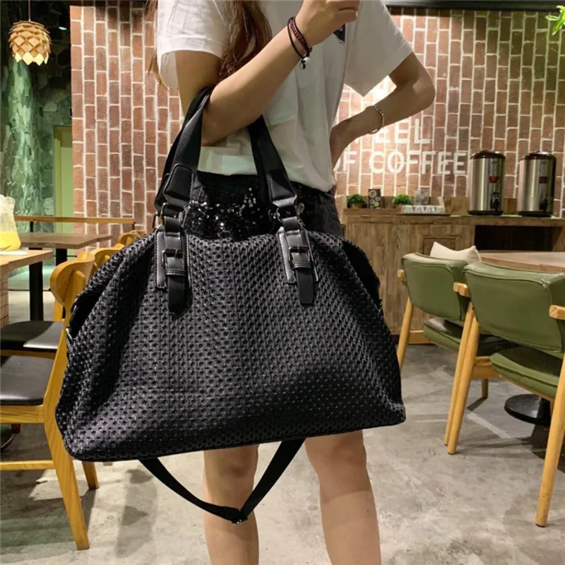 Volasss 2024 New Women Nylon Mesh Handbag Ladies Black Travel Bag Female Large Capacity Tote Storage Bags Fashion Messenger Bag