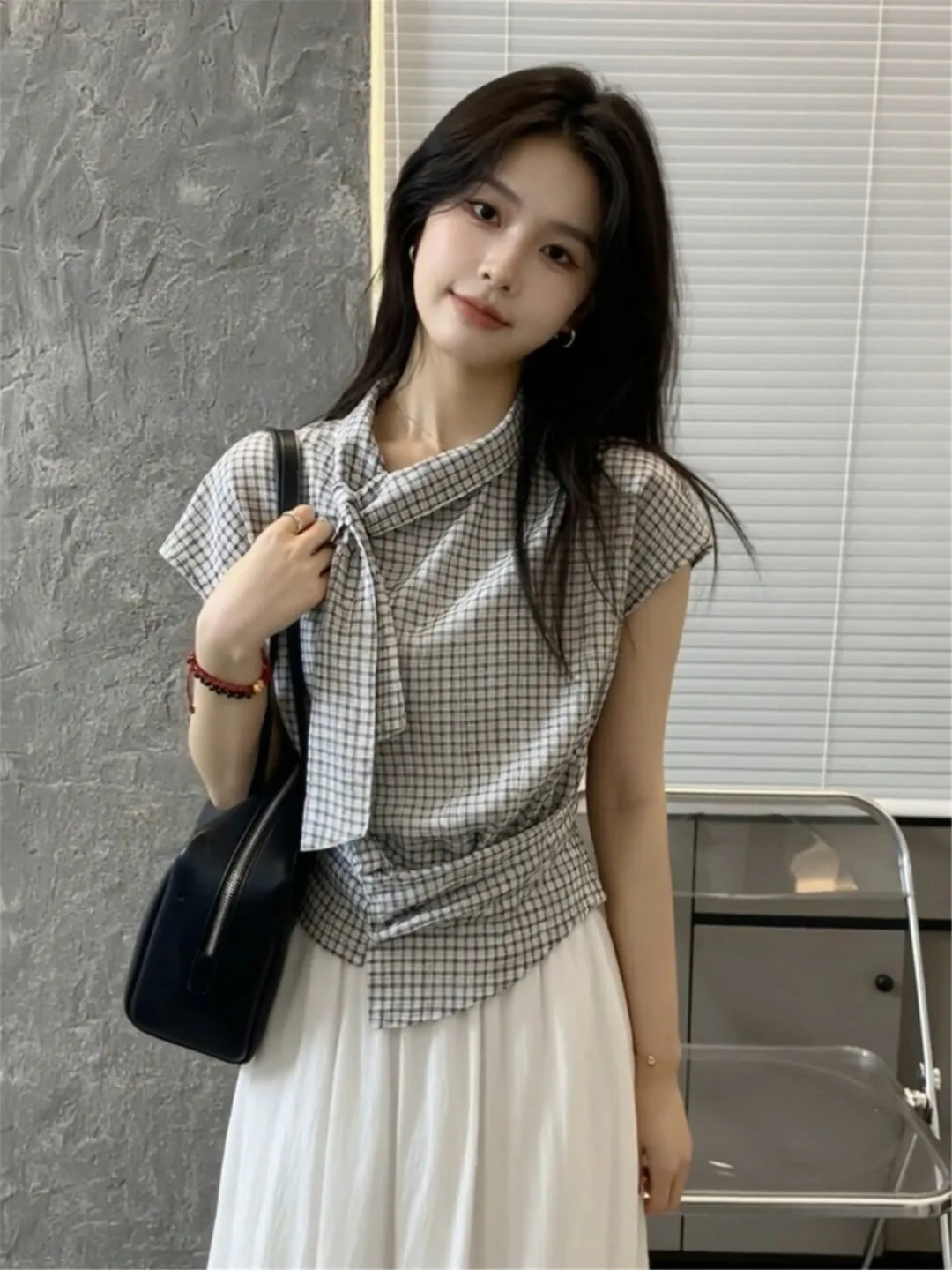 

French Style Plaid Belted Waist Top Women's Short Sleeve Shirt Design Sensation Summer New Style Cotton Casual Fashion