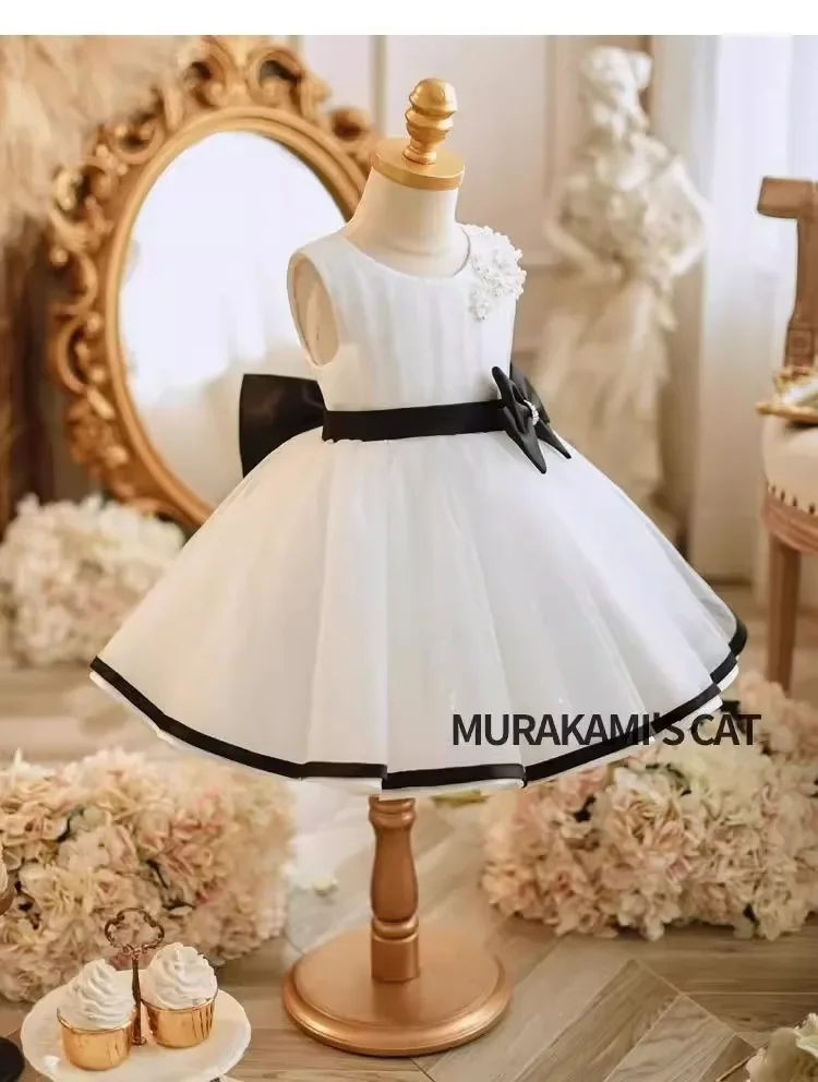 White Children's Princess Wedding Dress Girls One-Year Birthday Sleeveless Tutu High-end Ball Gown For School Show 1-12Y