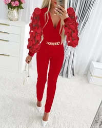 Jumpsuit Women Spring Fashion Floral Pattern Sheer Mesh Patch Chain Decor Casual V-Neck Long Sleeve Skinny Daily Long Jumpsuit