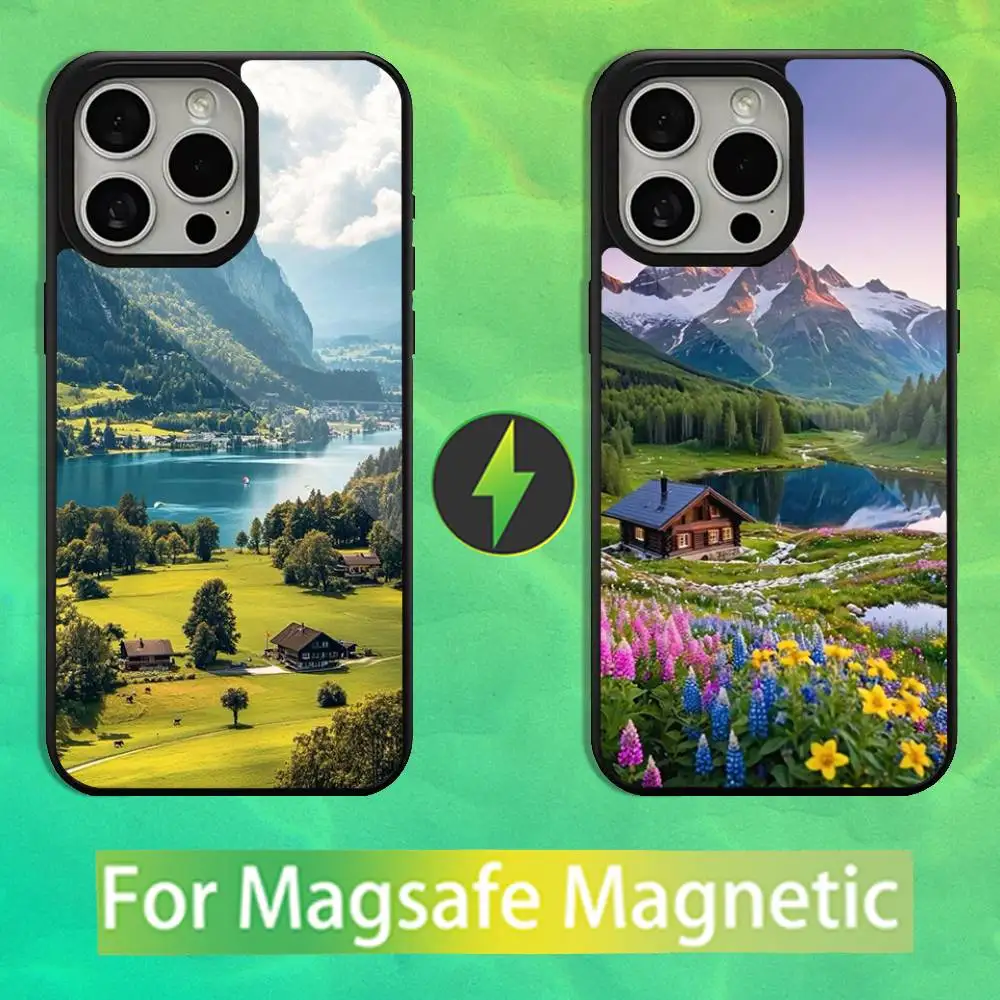 حافظة هاتف للسفر بمناظر طبيعية جبال لهواتف iPhone 16,15,14,13,12,11,Pro,Max,Plus,Mini,Magsafe,حافظة شحن لاسلكية مغناطيسية
