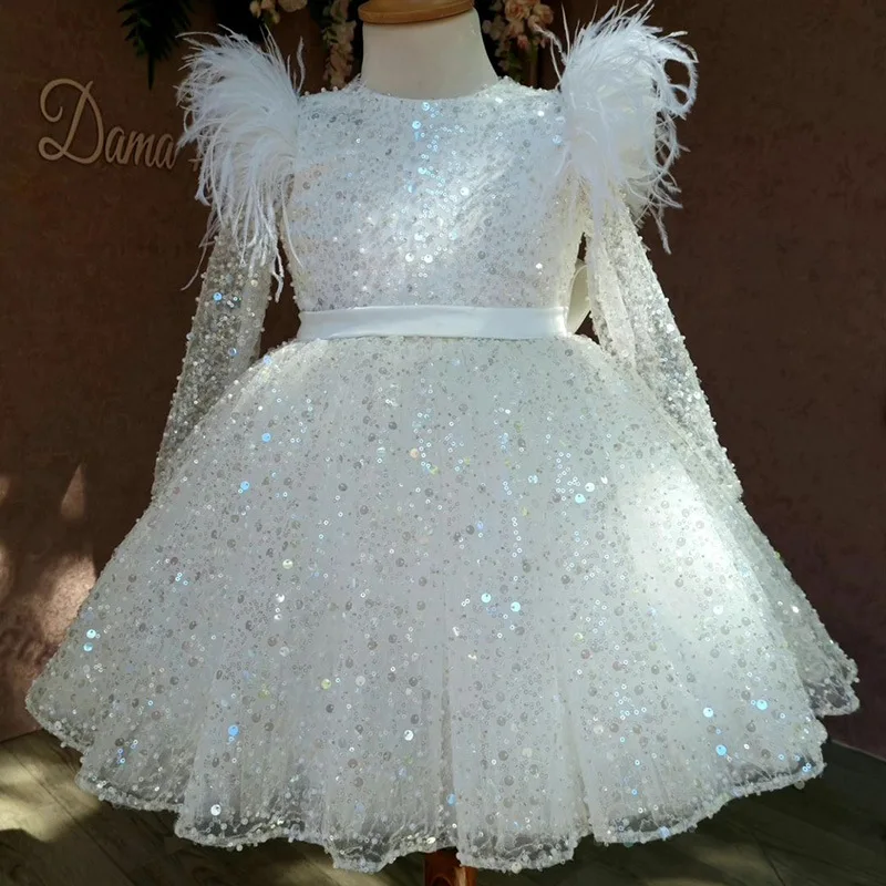 

Girls Party Dresses White Yarn Long Sleeved 2025 Feather Sequin Girl Ring Bearer Elegant Children Birthday Show