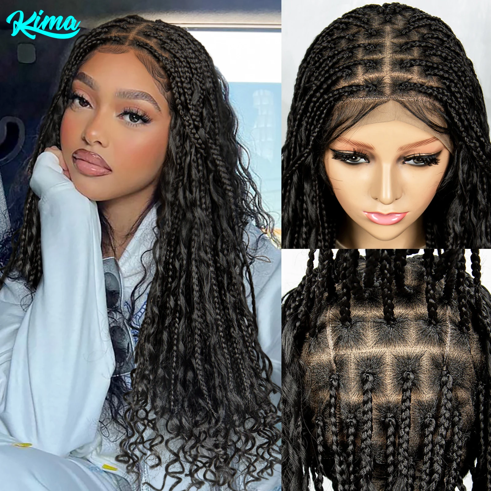 KIMA Boho Braided Wigs 20Inch Transparent Full Lace Wig Synthetic Box Braids Goddess Braided Wigs with Baby Hair for Black Women