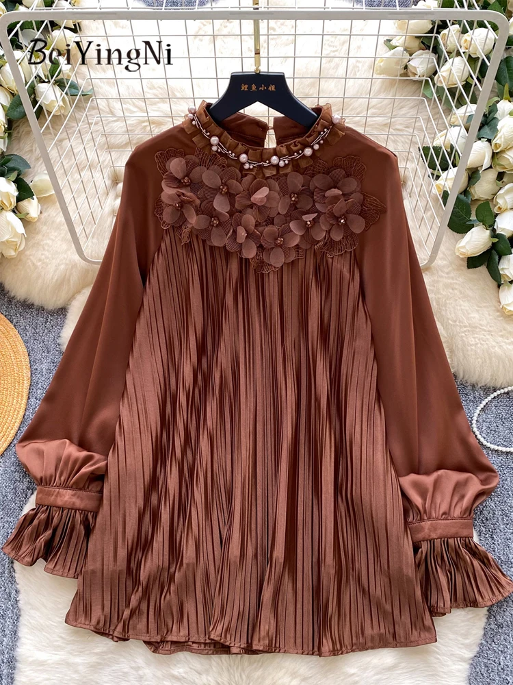 

Beiyingni French High-end Beading Women's Blusas 3D Flowers Pleated Long Sleeeve Shirts Female Elegant Casual Loose Blouses 2026