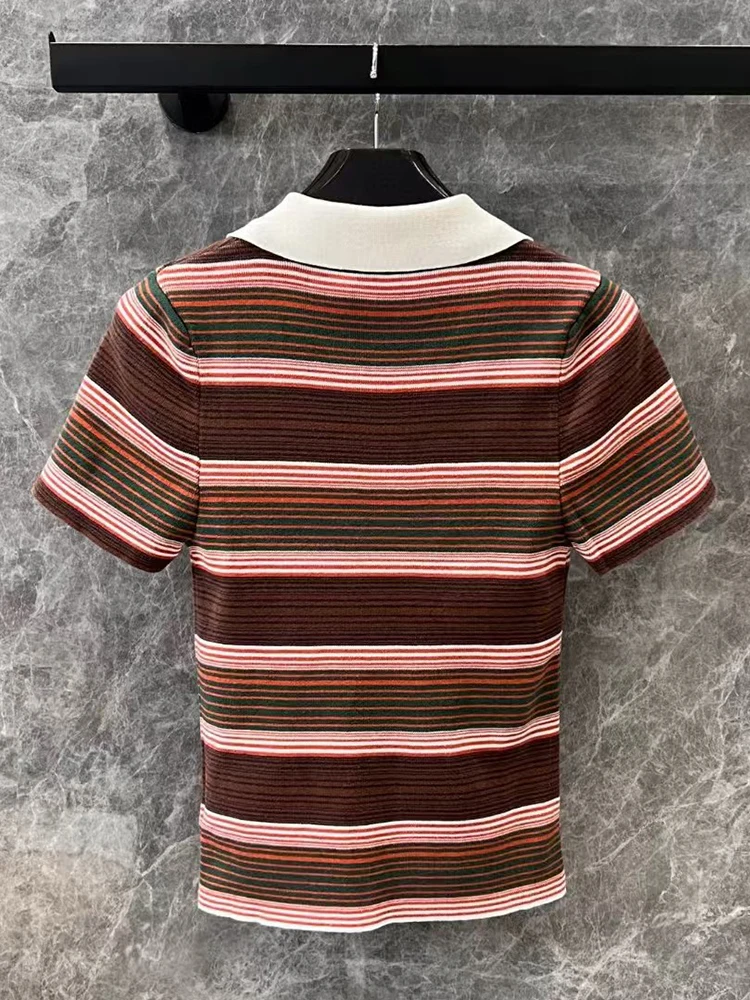 Vintage color matching lapel striped short-sleeved Polo shirt 2025 spring women's new fashion all-match knitted wool T marlet