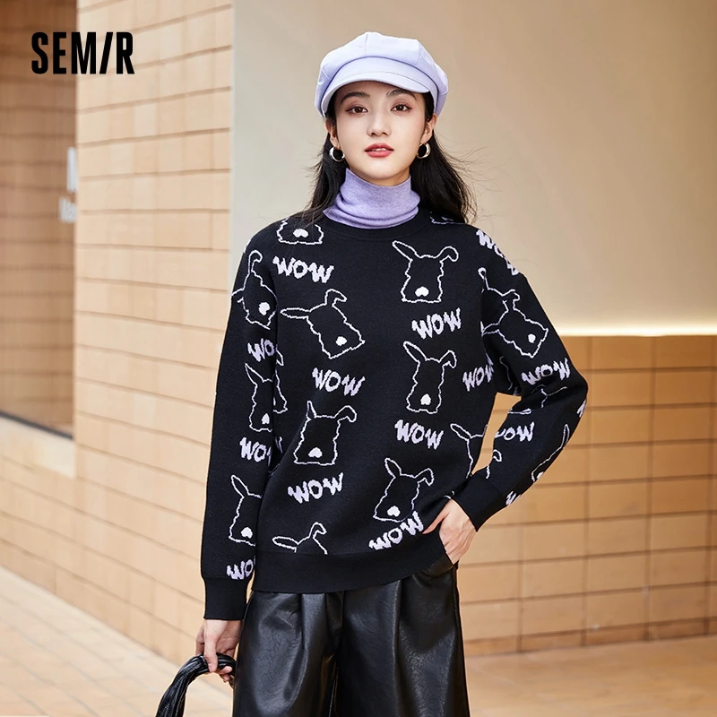 

Semir Sweater Women Jacquard Inner Wear Cute 2021 Winter New Loose Sweet Cartoon Off-Shoulder Pullover