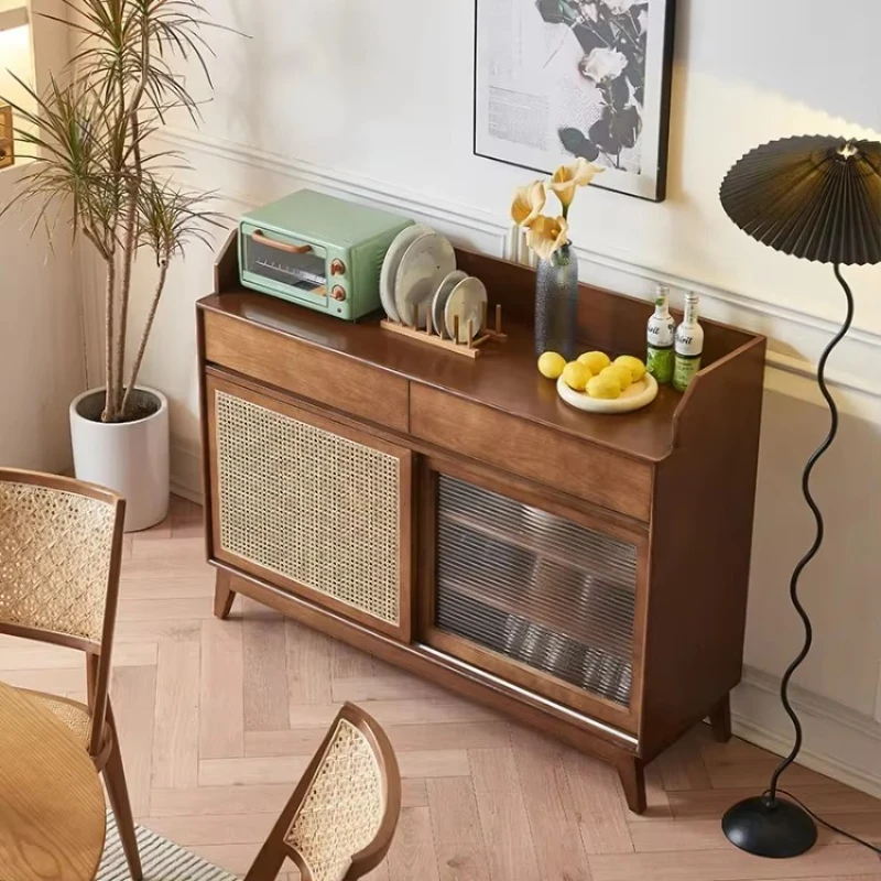 

Solid wood sideboard with woven rattan door wood coffee bar kitchen locker