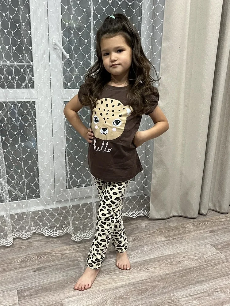 

Summer Baby Girls Cotton Print O-Neck Short Sleeve Tee Top+Long Leopard Pant Set Kid 2PCS Daily Casual Children Outfit 2-12Years