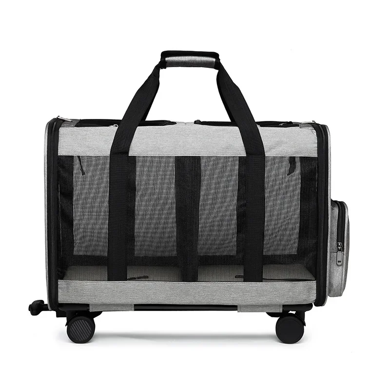 Eu Free Travel Rolling Dog Portable Cat Bag With Detachable Wheels Mesh Window Double Compartment Trolley Bag