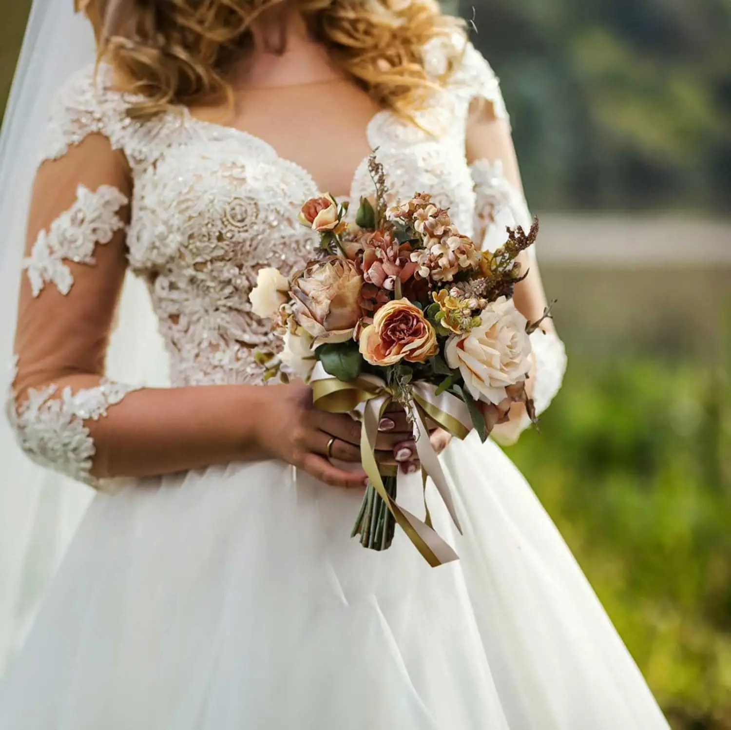 Yannew Vintage Fall Wedding Bouquet for Bride Bridesmaid Autumn Terracotta Artificial Rose Flower Bouquet for Wedding Decoration